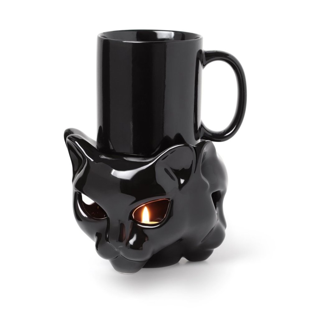 Alchemy Gothic Black Cat Faces Warmer and MUG Tealight Candle Holder NEW